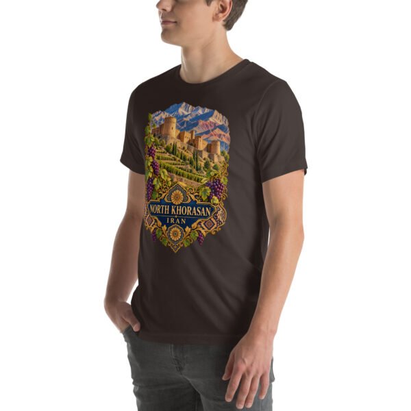 Brown North Khorasan unisex t-shirt, front view with historic citadel of Shirvan and vineyards design