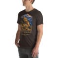 Brown Khorasan Razavi unisex t-shirt, front view with Tomb of Ferdowsi in ancient Tus design