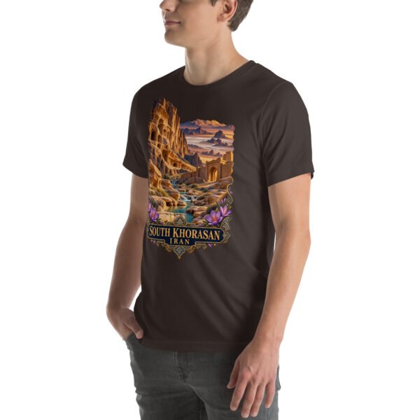 Brown South Khorasan unisex t-shirt, front view with historic citadel of Birjand design