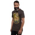 Brown Kermanshah unisex t-shirt, front view with Taq-e Bostan Sasanian rock reliefs design
