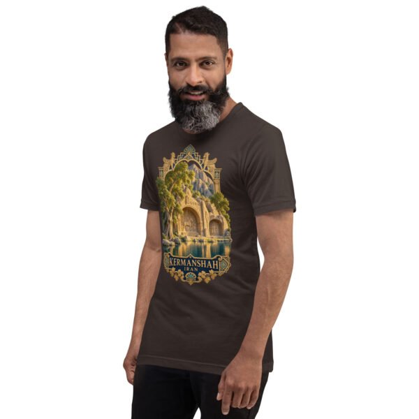 Brown Kermanshah unisex t-shirt, front view with Taq-e Bostan Sasanian rock reliefs design
