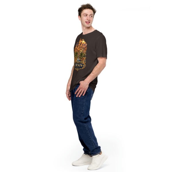 unisex-staple-t-shirt-brown-left-front-6acbd5352c997.jpg Brown Kerman unisex t-shirt, front view with Arg-e Bam citadel and desert palm groves design