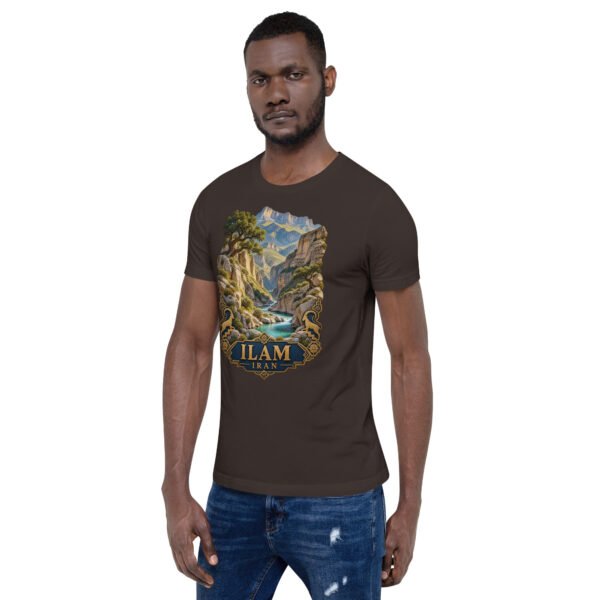 Brown Ilam unisex t-shirt, front view with Razianeh Gorge in the Zagros Mountains design