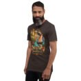 Brown Hormozgan unisex t-shirt, front view with Portuguese Castle of Hormuz and the Persian Gulf design