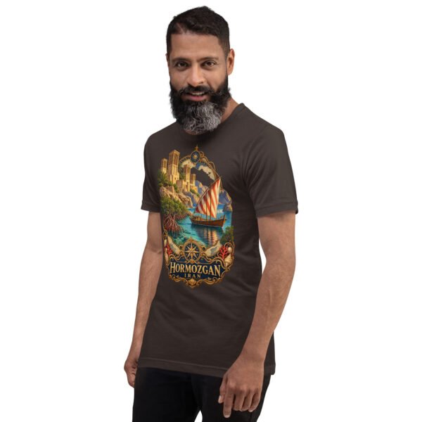 Brown Hormozgan unisex t-shirt, front view with Portuguese Castle of Hormuz and the Persian Gulf design