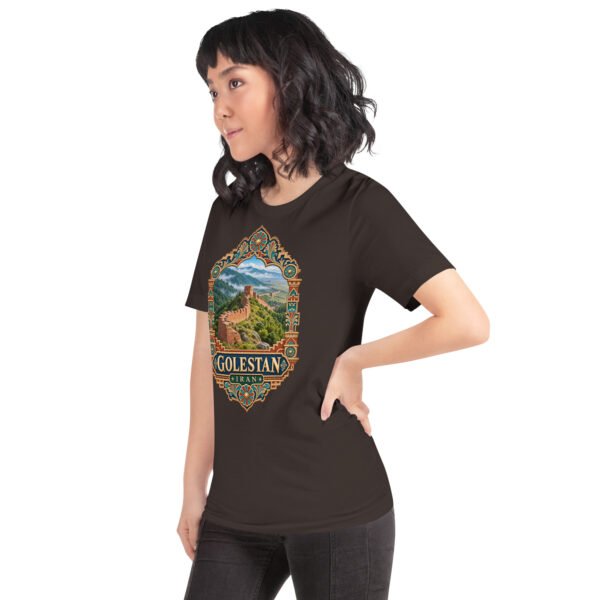Brown Golestan unisex t-shirt, front view with Sasanian Great Wall of Gorgan design