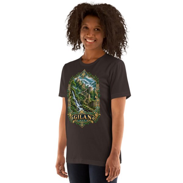 Brown Gilan unisex t-shirt, front view with Rudkhan Castle in the Hyrcanian forest design