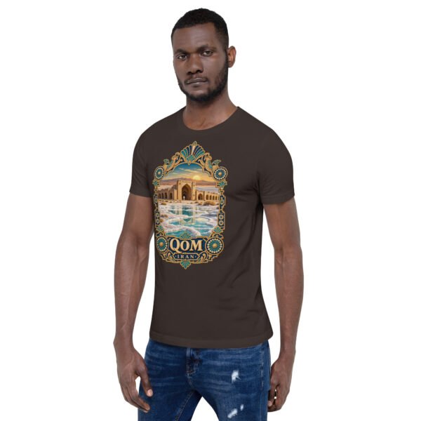 Brown Qom unisex t-shirt, front view with Deir-e Gachin caravanserai in the desert design