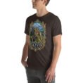 Brown Qazvin unisex t-shirt, front view with Alamut Castle on its rocky Alborz cliff design