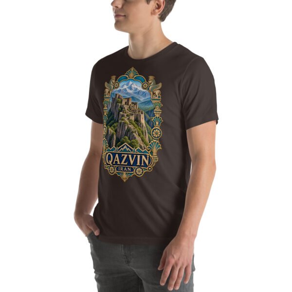 Brown Qazvin unisex t-shirt, front view with Alamut Castle on its rocky Alborz cliff design