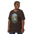Brown Chaharmahal and Bakhtiari unisex t-shirt, front view with Zard-Kuh and the Koohrang waterfall design