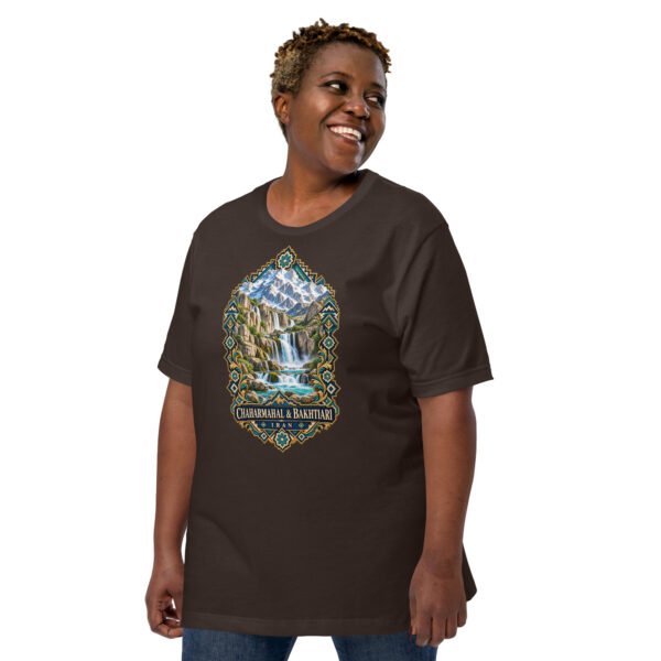 Brown Chaharmahal and Bakhtiari unisex t-shirt, front view with Zard-Kuh and the Koohrang waterfall design