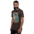 Brown Bushehr unisex t-shirt, front view with ancient port of Siraf and the Persian Gulf design