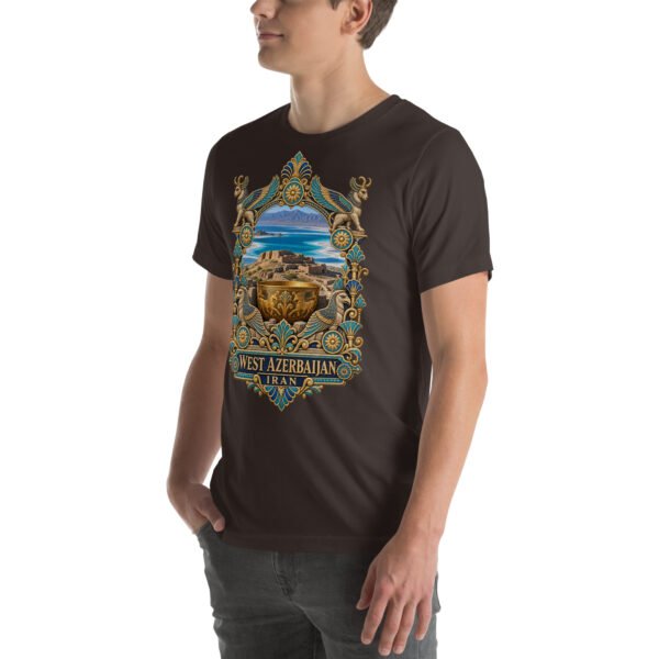 Brown West Azerbaijan unisex t-shirt, front view with Lake Urmia and the ancient Hasanlu mound design
