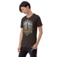 Brown Ardabil unisex t-shirt, front view with ancient Shahr-e Yeri stone figures and Mount Sabalan design