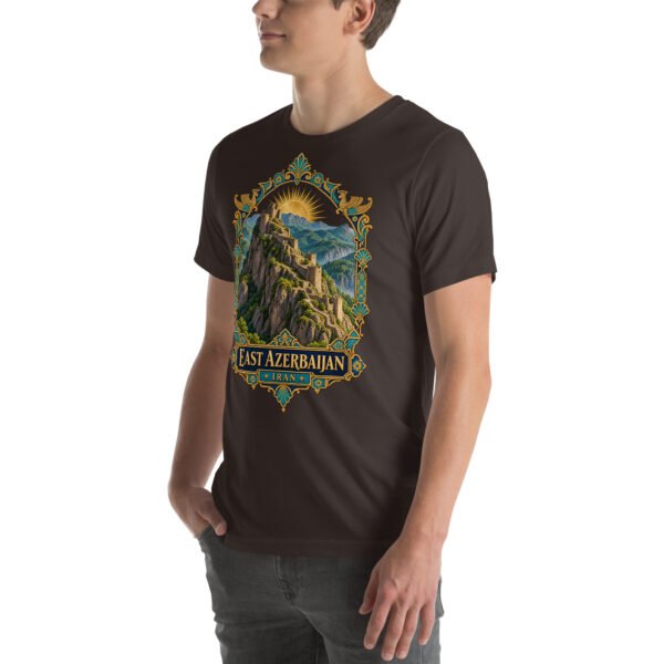 Brown East Azerbaijan unisex t-shirt, front view with Babak Castle and the Arasbaran valleys design