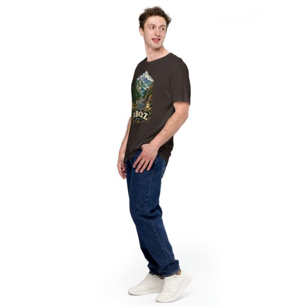 Brown Alborz unisex t-shirt, front view with Chalus Road winding through the Alborz Mountains design
