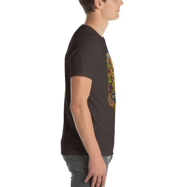 Brown North Khorasan unisex t-shirt, with historic citadel of Shirvan and vineyards design