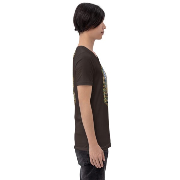 Brown Ardabil unisex t-shirt, with ancient Shahr-e Yeri stone figures and Mount Sabalan design