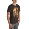 Brown Zanjan unisex t-shirt, front view with Chehrabad salt mine and salt crystals design