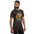 Brown Yazd unisex t-shirt, front view with Narin Castle of Meybod and a traditional dovecote design