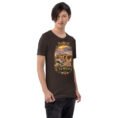 Brown Semnan unisex t-shirt, front view with Qasr-e Bahram caravanserai in the Dasht-e Kavir design