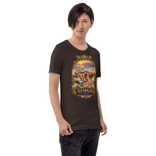Brown Semnan unisex t-shirt, front view with Qasr-e Bahram caravanserai in the Dasht-e Kavir design