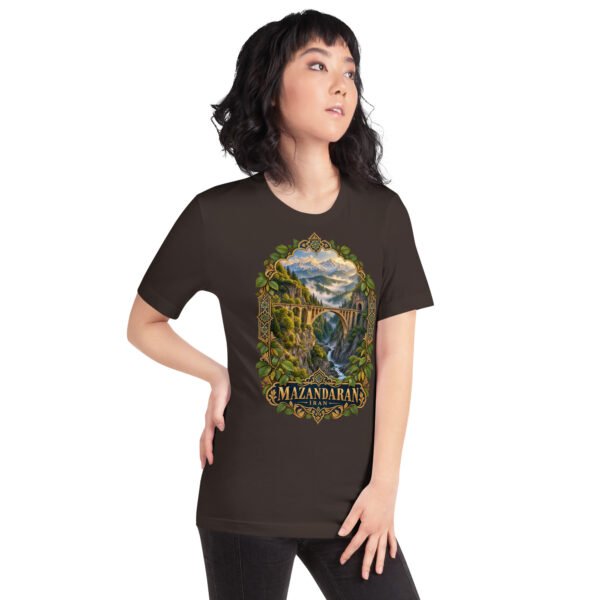 Brown Mazandaran unisex t-shirt, front view with terraced springs of Badab-e Surt in the Hyrcanian forest design