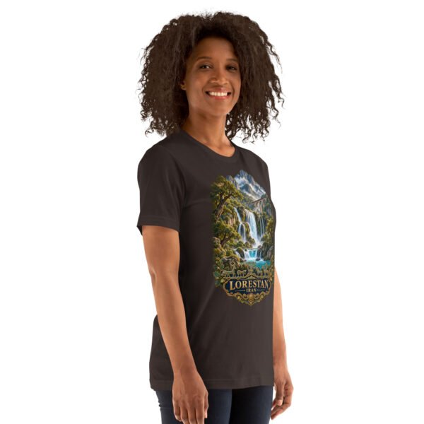 Brown Lorestan unisex t-shirt, front view with Falak-ol-Aflak Castle in Khorramabad design