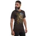 Brown Kurdistan unisex t-shirt, front view with Ziwiye fortress and golden Mannaean motifs design
