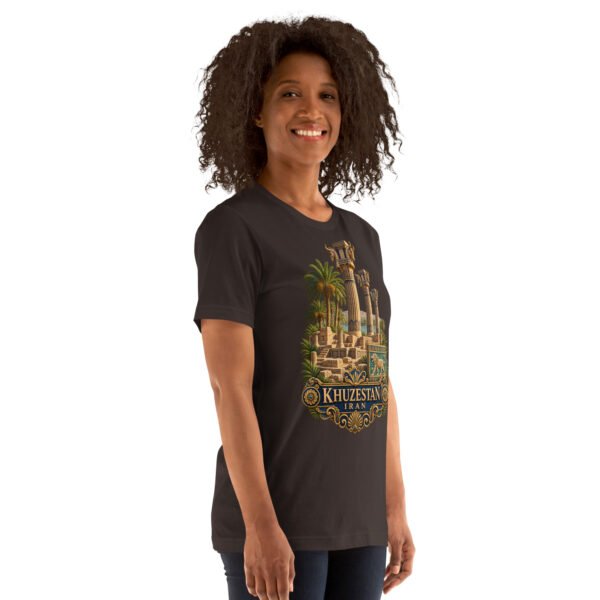 Brown Khuzestan unisex t-shirt, front view with ancient Susa design