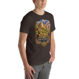 Brown North Khorasan unisex t-shirt, front view with historic citadel of Shirvan and vineyards design
