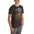 Brown Khorasan Razavi unisex t-shirt, front view with Tomb of Ferdowsi in ancient Tus design