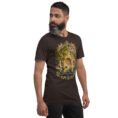 Brown Kermanshah unisex t-shirt, front view with Taq-e Bostan Sasanian rock reliefs design