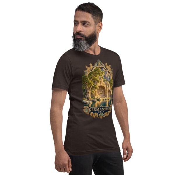 Brown Kermanshah unisex t-shirt, front view with Taq-e Bostan Sasanian rock reliefs design