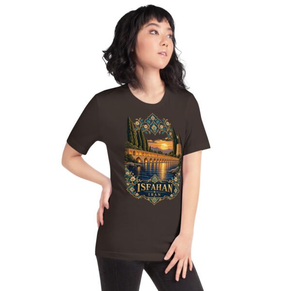 Brown Isfahan unisex t-shirt, front view with Naqsh-e Jahan Square and Ali Qapu Palace design