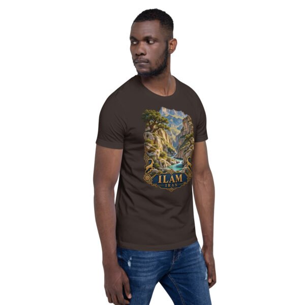 Brown Ilam unisex t-shirt, front view with Razianeh Gorge in the Zagros Mountains design