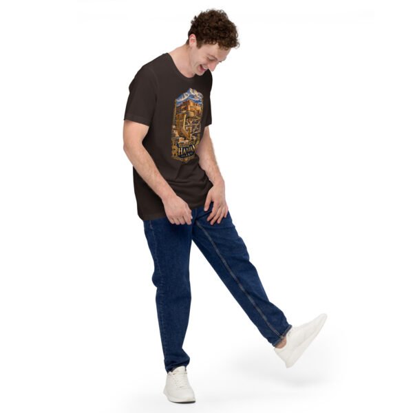 unisex-staple-t-shirt-brown-right-front-6acbd9f3e22df.jpg Brown Hamedan unisex t-shirt, front view with Ganjnameh inscriptions and Mount Alvand design