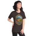 Brown Golestan unisex t-shirt, front view with Sasanian Great Wall of Gorgan design