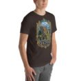 Brown Qazvin unisex t-shirt, front view with Alamut Castle on its rocky Alborz cliff design