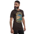 Brown Bushehr unisex t-shirt, front view with ancient port of Siraf and the Persian Gulf design