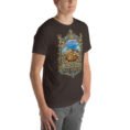Brown West Azerbaijan unisex t-shirt, front view with Lake Urmia and the ancient Hasanlu mound design