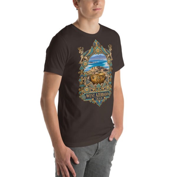 Brown West Azerbaijan unisex t-shirt, front view with Lake Urmia and the ancient Hasanlu mound design