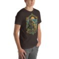 Brown East Azerbaijan unisex t-shirt, front view with Babak Castle and the Arasbaran valleys design
