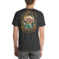 Dark Grey Heather Zanjan unisex t-shirt, back view with Katale Khor cave and the colorful mountains of Mahneshan design