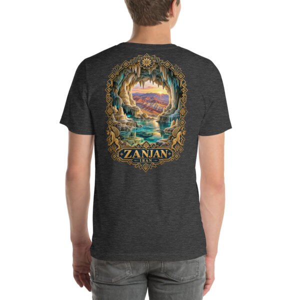 Dark Grey Heather Zanjan unisex t-shirt, back view with Katale Khor cave and the colorful mountains of Mahneshan design