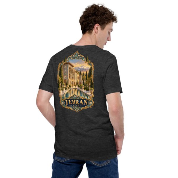 Dark Grey Heather Tehran unisex t-shirt, back view with Azadi Tower and Mount Damavand design