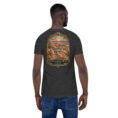 Dark Grey Heather Sistan and Baluchestan unisex t-shirt, back view with Makran coast and the miniature mountains of Chabahar design