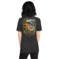 Dark Grey Heather Mazandaran unisex t-shirt, back view with Veresk Bridge and the slopes of the Alborz design