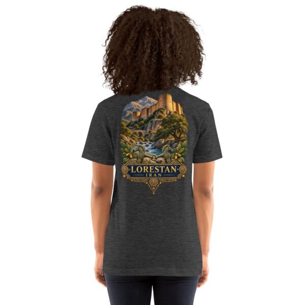 Dark Grey Heather Lorestan unisex t-shirt, back view with Falak-ol-Aflak Castle in Khorramabad design